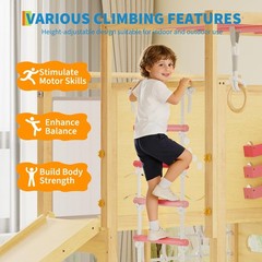 9 in 1 Indoor Jungle Gym for Kids 2-8, Wooden Climbing Structure with Slide