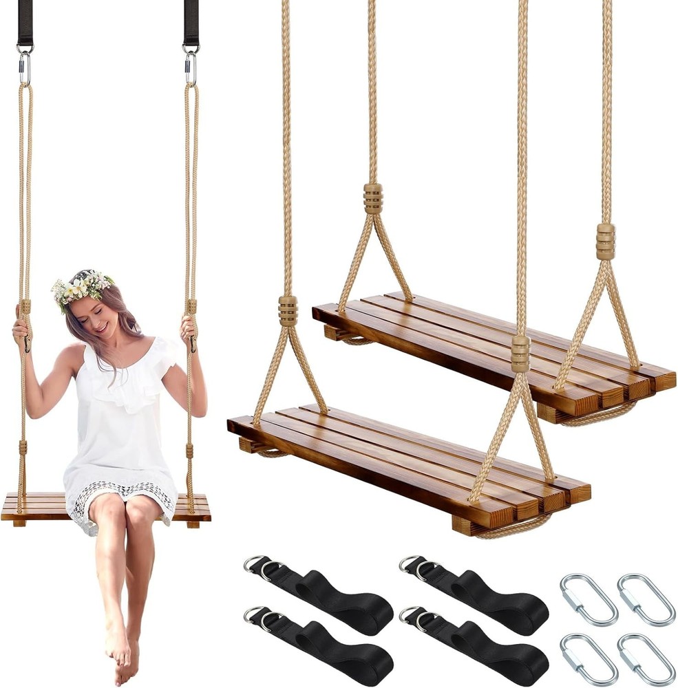 2 Pcs Wood Swing Seat Carbonized Hanging Wood Tree Swing Adjustable Anticorro…