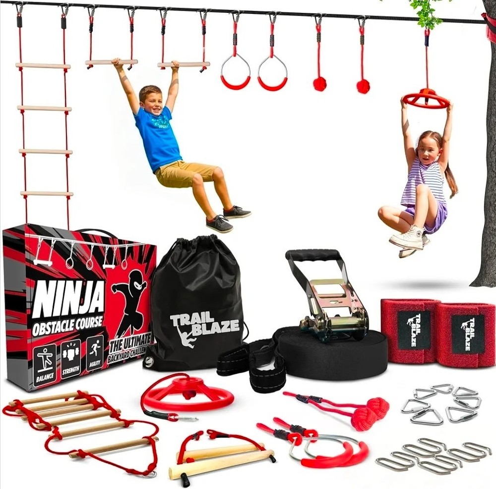 Ninja Warrior Obstacle Course for Kids – 50Ft Slackline with 8 Obstacles, Monkey