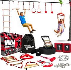Ninja Warrior Obstacle Course for Kids – 50Ft Slackline with 8 Obstacles, Monkey