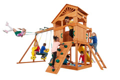 Timber Valley Wooden Playset: Slide, Swing, Climbing Wall & Sandbox Fun!