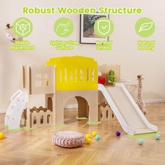 7-in-1 Toddler Slide Set Wooden Castle-Shaped Entertainment Activity Center