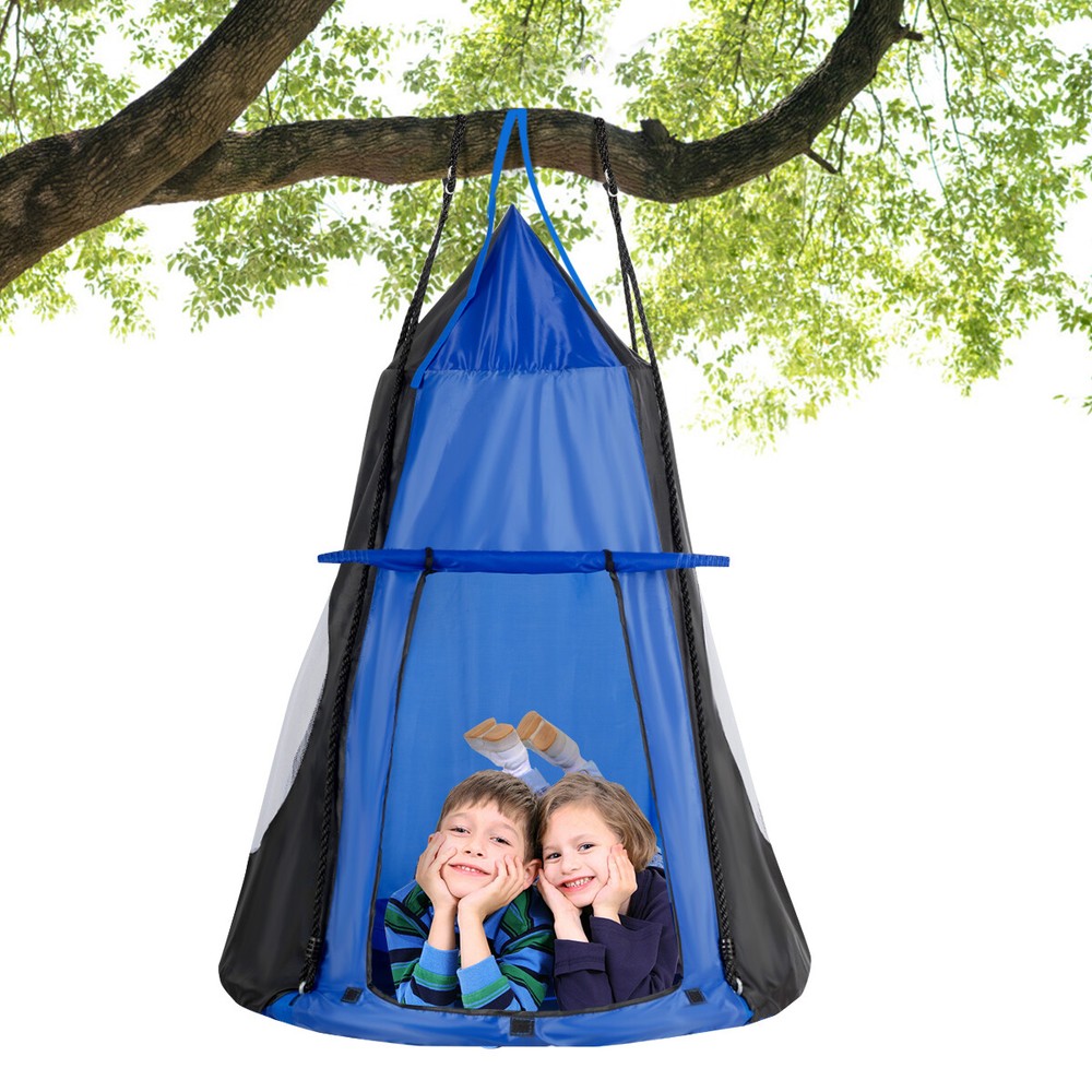 Goplus 40″ Kids Hanging Chair Swing Tent Set Hammock Nest Pod Seat Blue