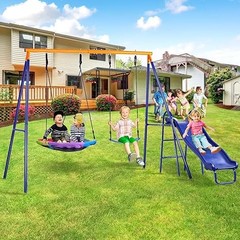 Lunafun Swing Set for Backyard 440lb with Slide Saucer Seat
