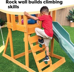 Durable Appleton Wooden Swing Set with Slide, Rock Wall & Chalkboard for Kids