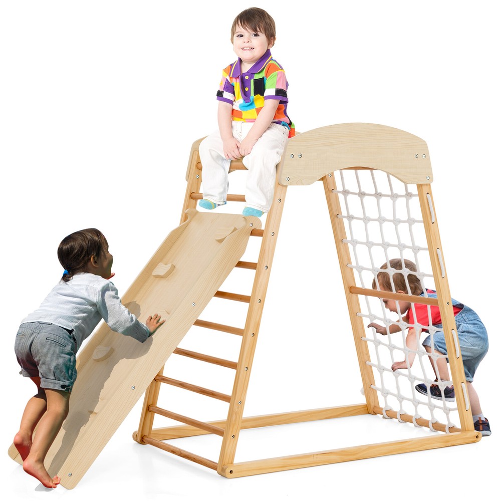 6-in-1 Jungle Gym Montessori Play Set Climbing Stakes Cotton Ropes Rods Natural