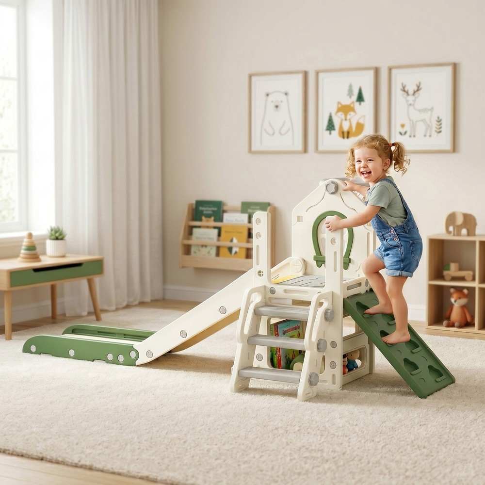 Qaba Foldable 5 in 1 Toddler Slide with Climber, Basketball Hoop, Storage