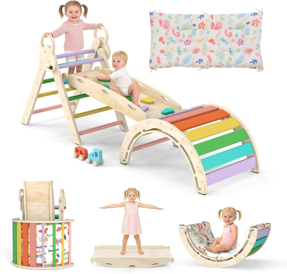 Pikler Triangle Set with Cushion, 7-In-1 Foldable Toddler Climbing Toys, Indoor