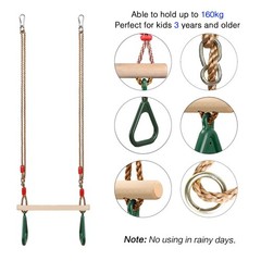 Playground Children’s Wooden Trapeze Swing Bar with Plastic Gym Rings Swing S…