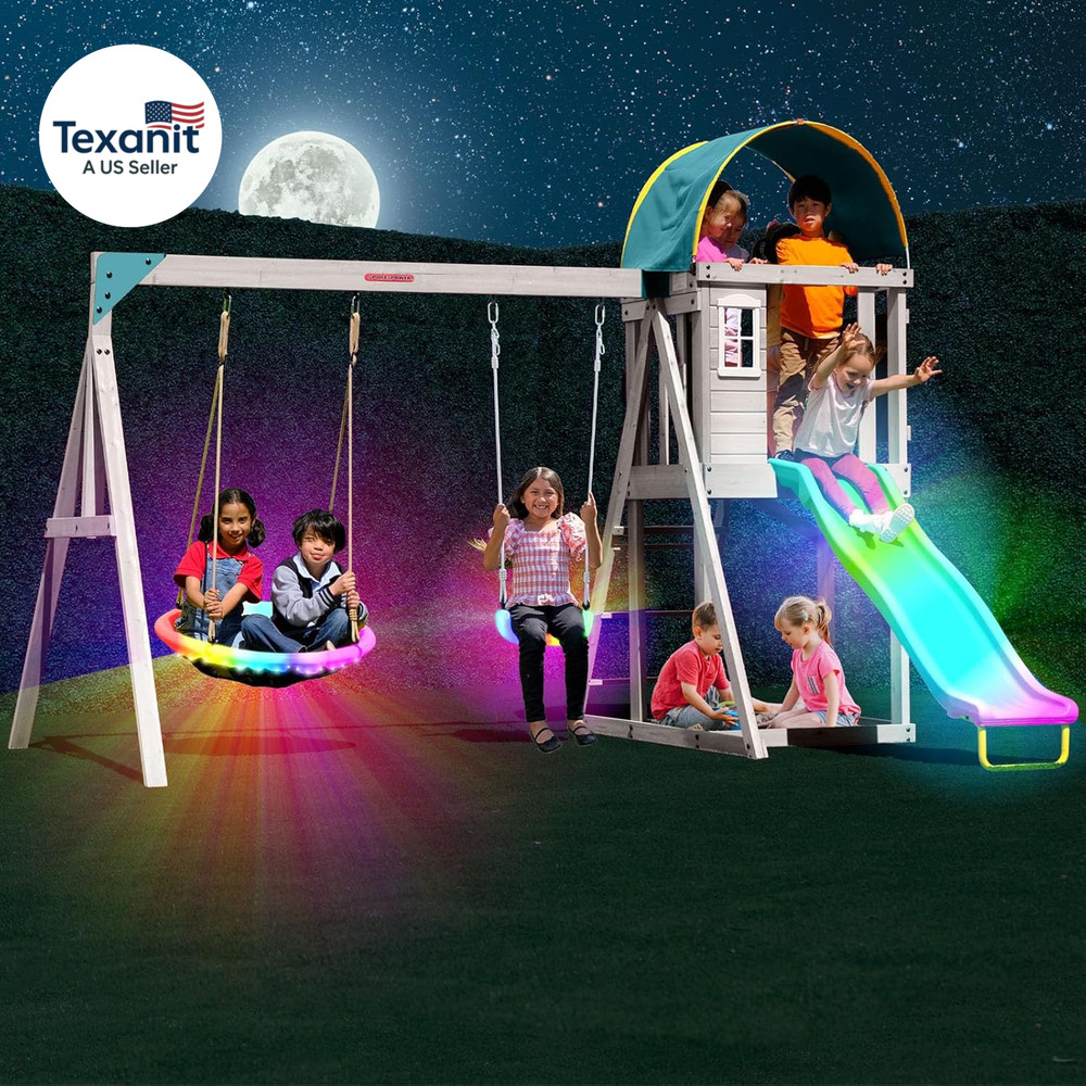 Amelia Galaxy Cedar Wooden Swing Set for Night Play with 2 LED Swings, Play Fort
