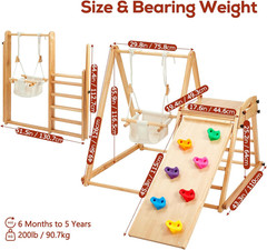 4-In-1 Wooden Toddler Swing and Slide Set, Foldable Montessori Jungle Gym for To