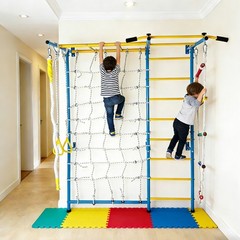 Indoor Playground Wall Gym with Monkey Bars, Rope Ladder, Pull-up Bar & Rings