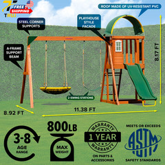 Wooden Swing Set with 2 Person Saucer Swing 6′ Blow Molded Slide Heavy Duty Doub