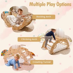 Wooden Rocking Climbing Arch w/Cushion, 3-in-1 Montessori Kids Climber Rocker