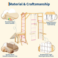 Indoor Jungle Gym for Kids 3-10 – 8-in-1 Wooden Climbing Structure & Slide