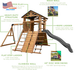 Cedar Wood Swing Set with Wave Slide Play Deck Double Rock Wall Rope Ladder NEW