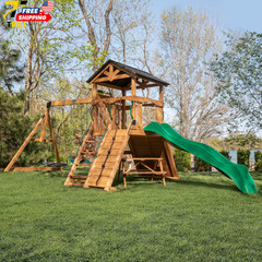 Backyard Discovery Endeavor II Cedar Wood Swing Set with Wave Slide Play Deck