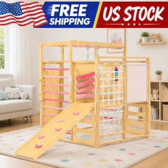 9 in 1 Indoor Jungle Gym for Kids 2-8, Wooden Climbing Structure with Slide
