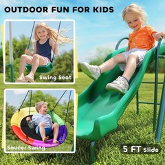 Qaba Metal Swing Set with Slide, Heavy Duty Swing Set, Dark Green