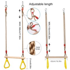 PELLOR Playground Children’s Wooden Trapeze Swing Bar with Plastic Gym Rings Swi