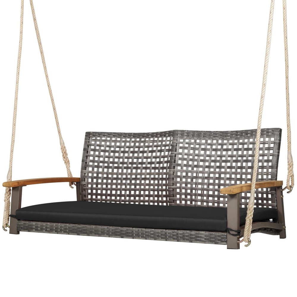 2-Person Outdoor Porch Swing with 118″ Hanging Ropes, Patiojoy PE Wicker Patio H