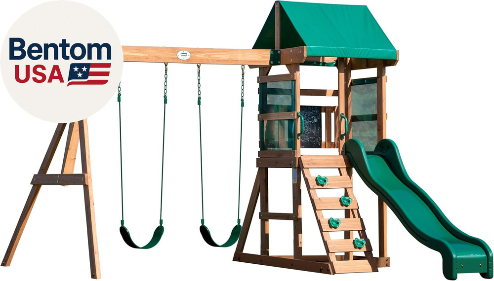 Buckley Hill Cedar Wood Swing Set with Wave Slide, Play Deck, Rock Wall Ladder,