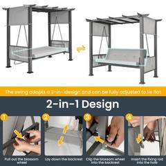 3-Seat Porch Swing with Stand 2in1 Convertible Bed Wicker Canopy Gray Outdoor