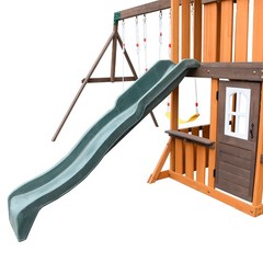 Kids Wooden Swing Slide Set Playhouse Kitchen, Rock Wall Outdoor Playground
