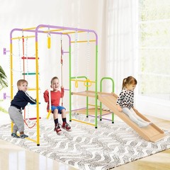 Metal Indoor Jungle Gym 8-in-1 Climbing Playset w/ Monkey Bars, Wall, Ladder