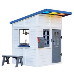 Teamson Kids Rainbow Shade Wooden Playhouse with Kitchen, Flower Box & Bench