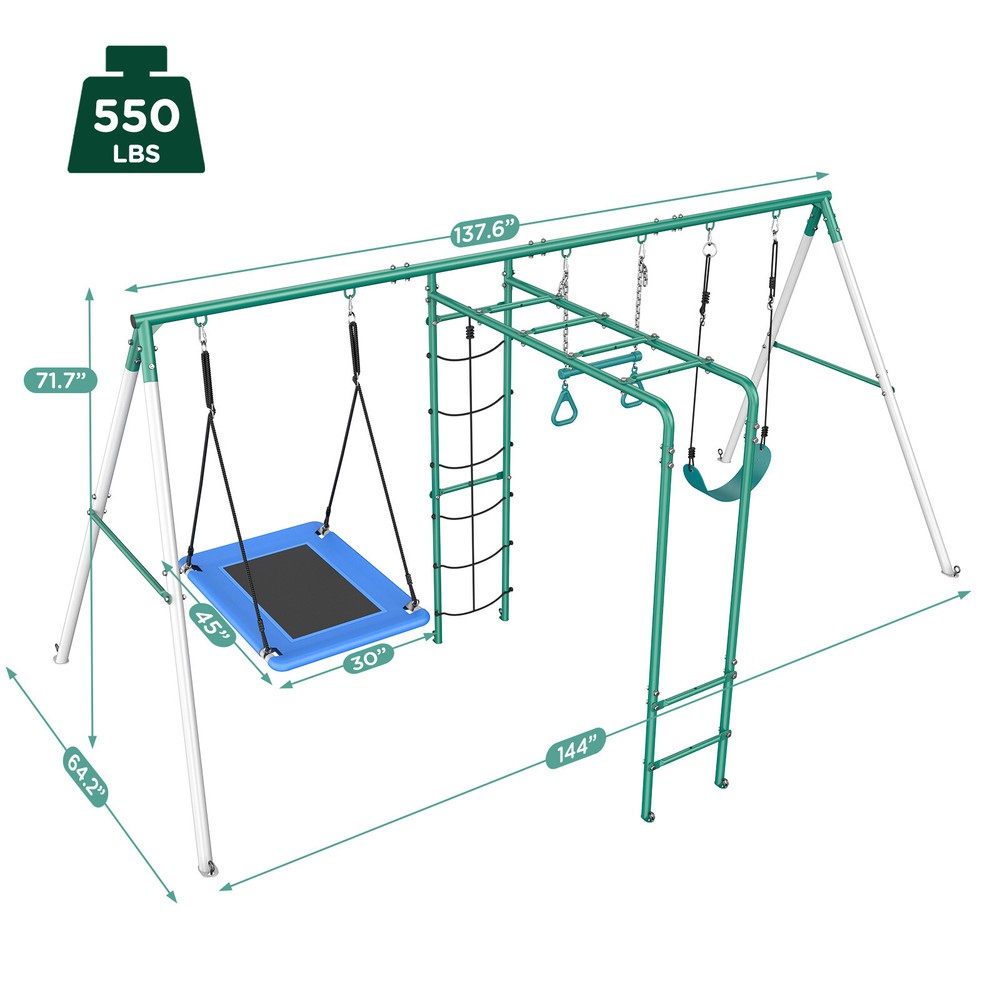 Heavy Duty Metal Swing Set with 2 Swings Ladder and Monkey Bar for Kids Backyard