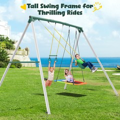 700lbs 9.5ft Heavy Duty Large Metal Swing Set Kids Adults Backyard with 3 Swings
