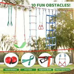 Kids Ninja Warrior Obstacle Course – 65ft Slackline Kit with 10 Accessories, Swi