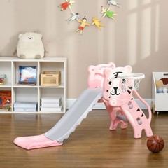 2 in 1 Toddler Slide for Indoor with Basketball Hoop Pink