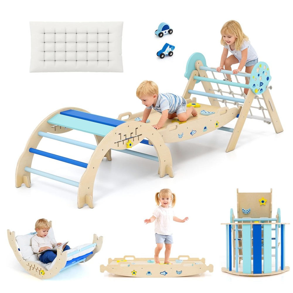 Pikler Triangle Set, 13 in 1 Astronaut Theme Foldable Wooden Montessori Toddl…