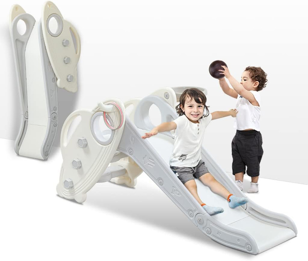 Toddler Slide and Climber Playset with Basketball Hoop – Grey