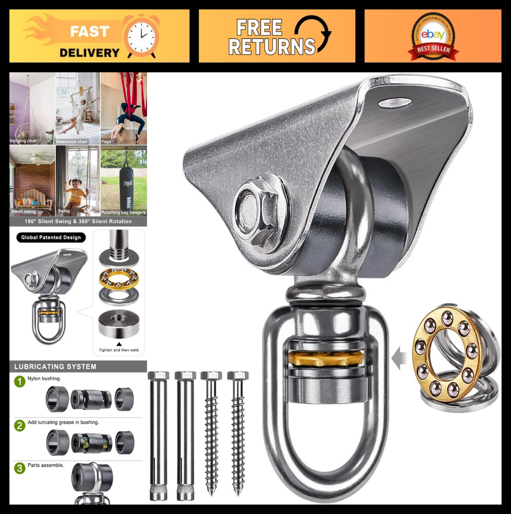 Silent Swing Hanger with Bearing – 1000 LB Capacity, 360° Swivel Hook for Hammoc