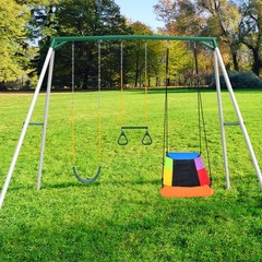 Hapfan 9.5ft Tall Heavy Duty Metal Outdoor Swing Set with 3 Swings & Trapeze Bar