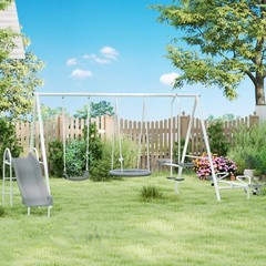 Outsunny Metal Swing Set for Kids with Double Swings Slide Seesaw Glider