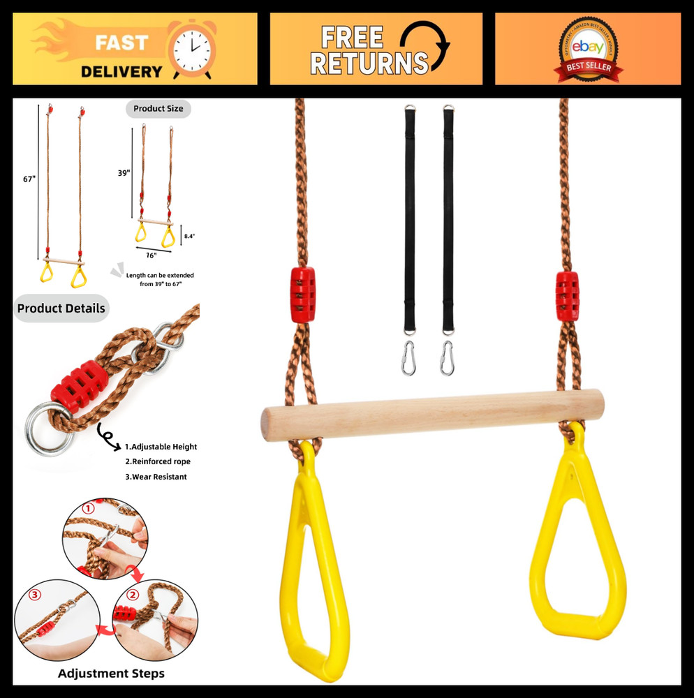 Adjustable 16″ Wooden Trapeze Bar with Rings – Swing Set Climbing Gym Accessorie