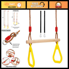 Adjustable 16″ Wooden Trapeze Bar with Rings – Swing Set Climbing Gym Accessorie