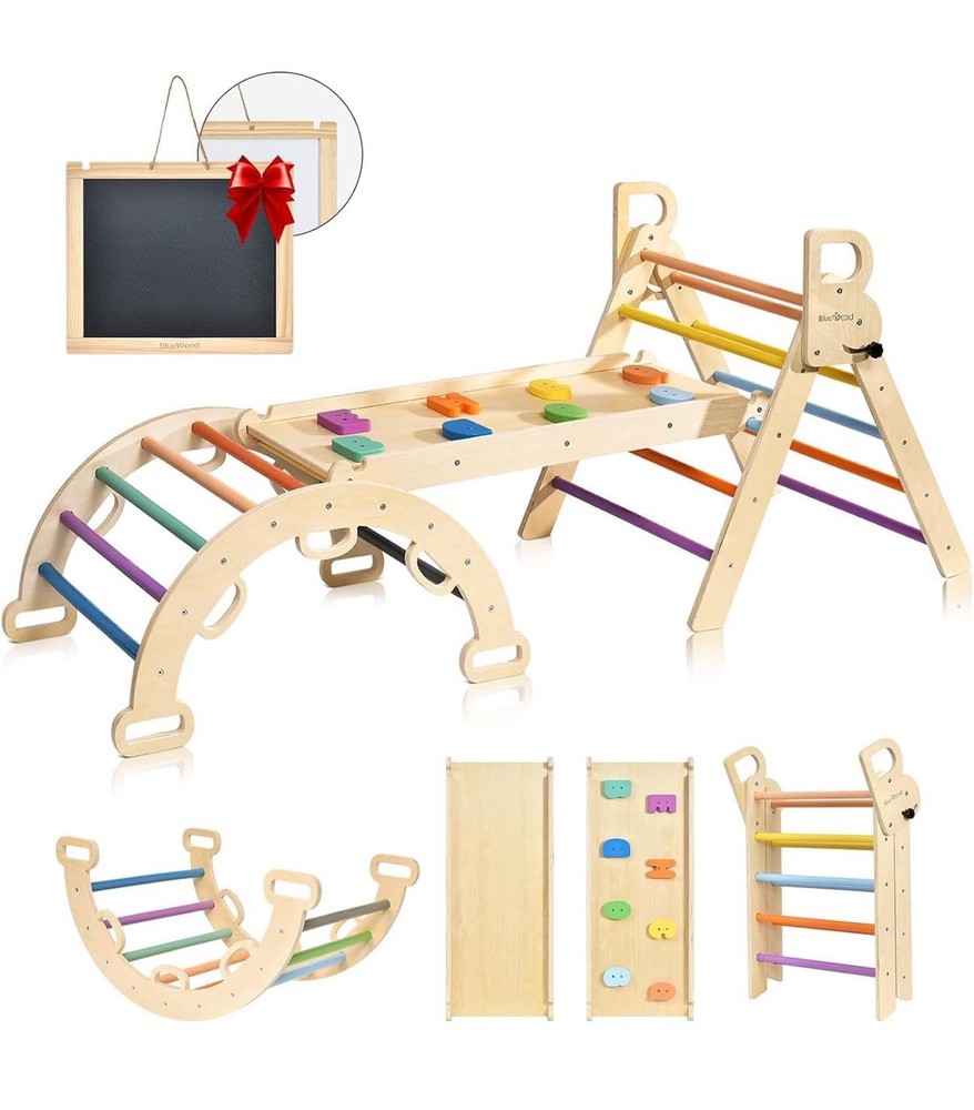 BlueWood Pikler Triangle Set, 7-in-1 Foldable Wooden Toddler Climbing Toys