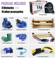 Warrior Obstacle Course for Kids, 56ft Slackline Kit with 8 Ninja Accessories(B)