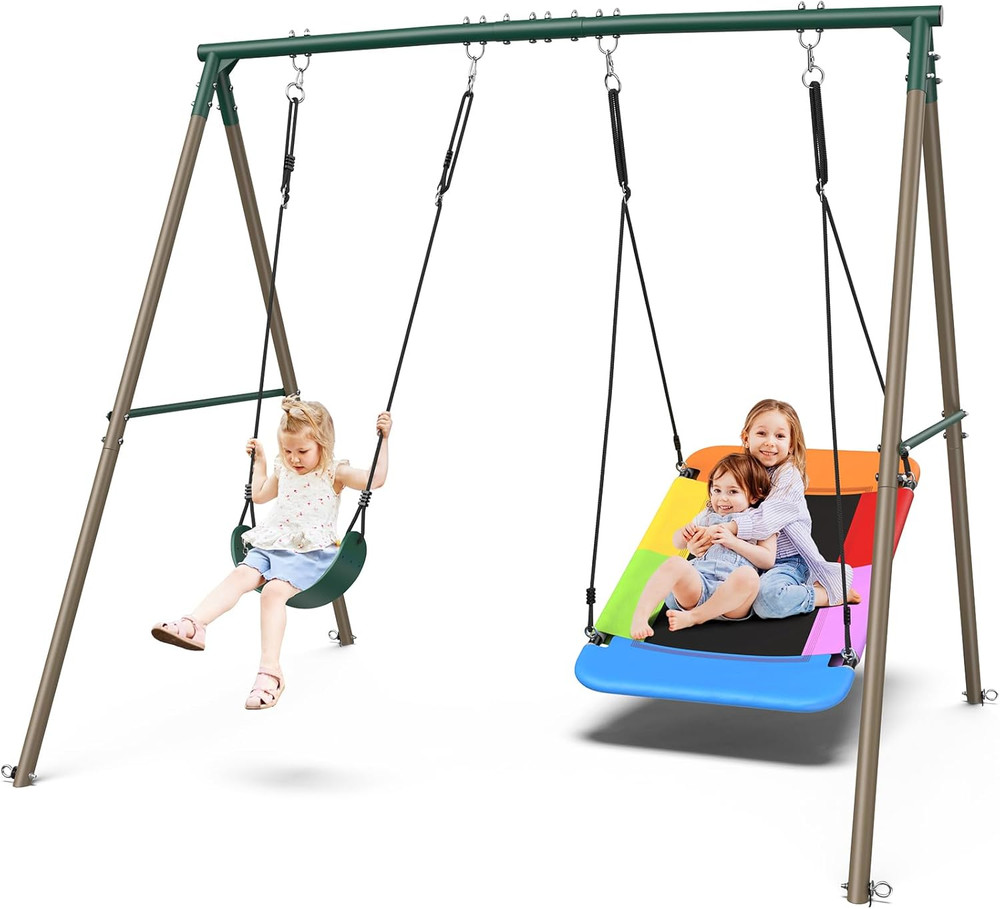 Hapfan Swing Sets for Backyard with 45″ Platform Saucer Swing and Belt Swing, 44