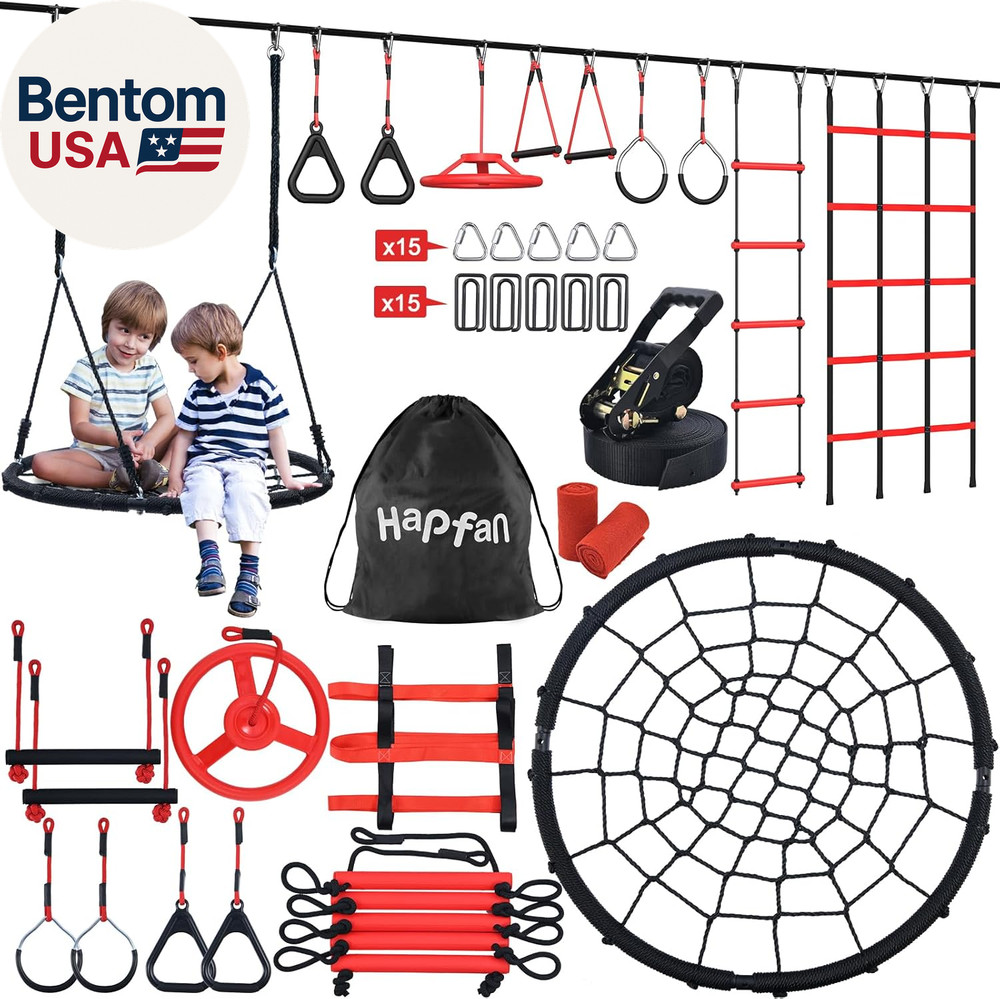 50 Ft Ninja Warrior Obstacle Course for Kids with Tree Swing, Portable Slackline