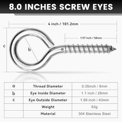 Pcs Self Tapping Eyelet Screw Eye Bolt，4 Inch Heavy Duty Screw Eyes M8-4 INCH 2
