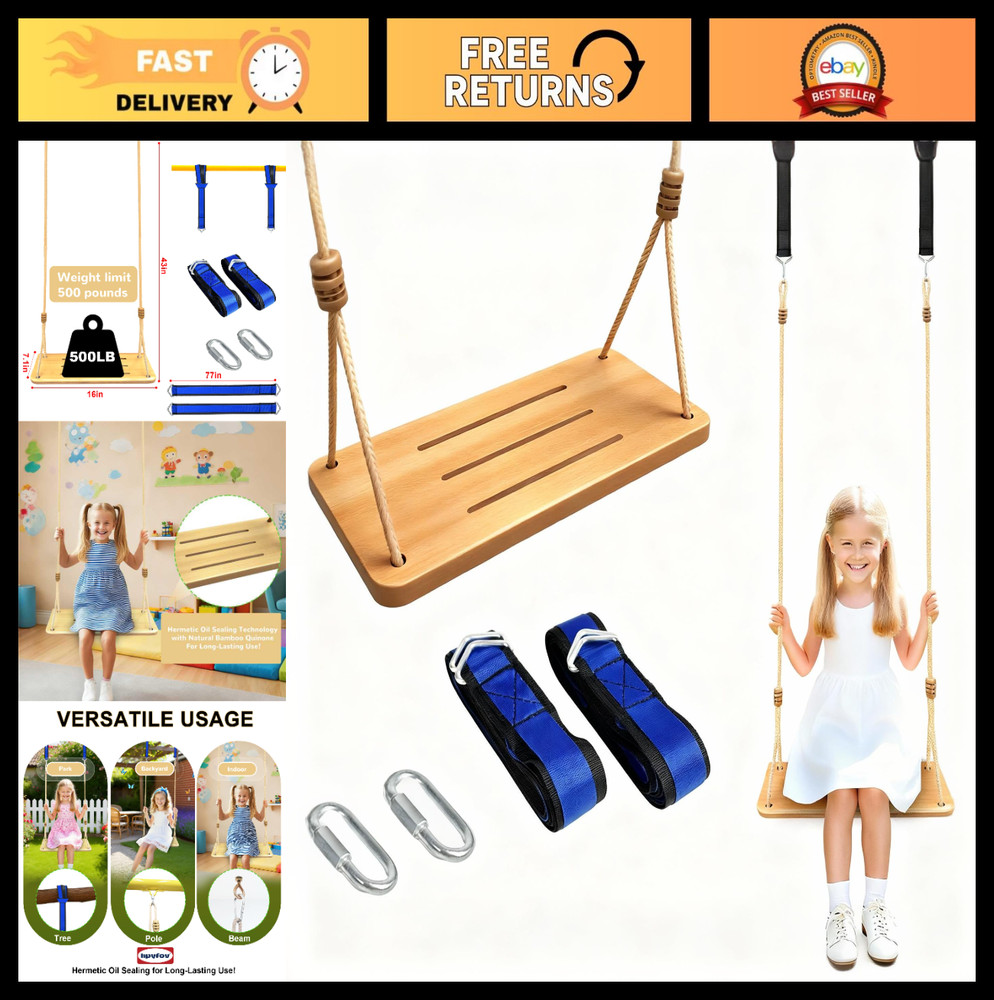 500LBS Waterproof Wooden Swing Seat, Adjustable Tree Straps, Indoor/Outdoor Use,