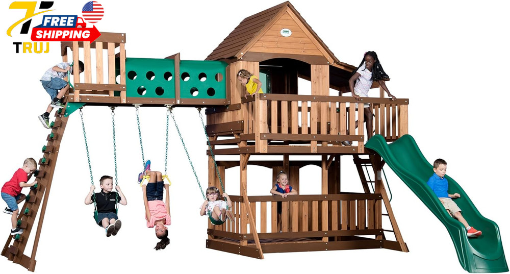 Backyard Discovery Woodridge Elite Cedar Wood Swing Set with Wave Slide Clubhous