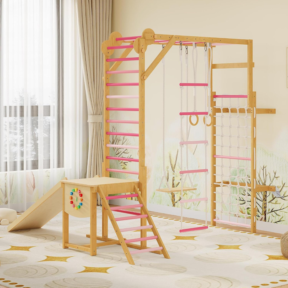Indoor Jungle Gym for Kids 3-10 – 8-in-1 Wooden Climbing Structure & Slide