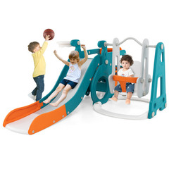 5-In-1 Kids Slide and Swing Set with Mini Bus and Basketball Hoop